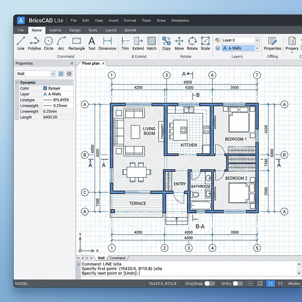 BricsCAD Lite 2D Architectural Drawing Workspace Mockup UI